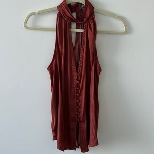 Hi neck look up button down, sleeveless halter